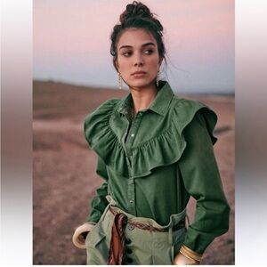 Sezane Matty Button-Up Blouse, Green